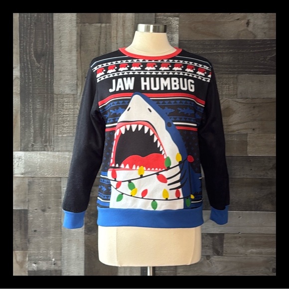 Mad Engine Jaw Humbug shark Christmas sweater boys medium holiday party winter - Picture 1 of 10